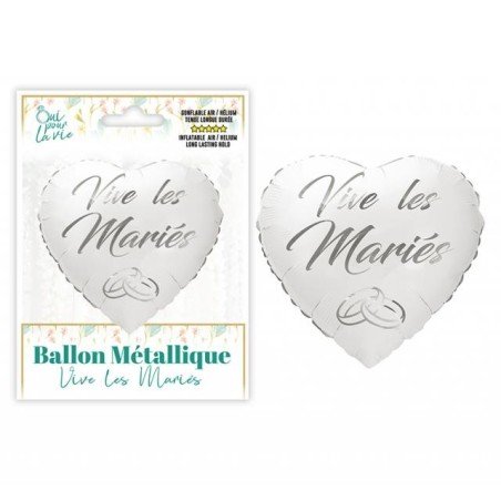 1 Ballon métallique Cœur "Vive les Mariés" blanc et argent, 46cm