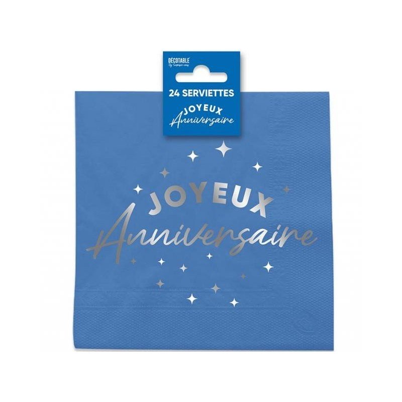 24 Servietten, Happy Birthday, 3-lagig, 33 x 33 cm Blau/Silber