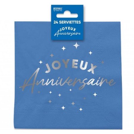 24 Serviettes, Joyeux Anniversaire, 3 plis, 33 x33 cm Bleu/Argent