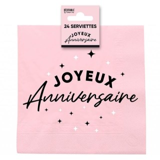 24 Serviettes, Joyeux Anniversaire, 3 plis, 33 x33 cm Rose/Noir