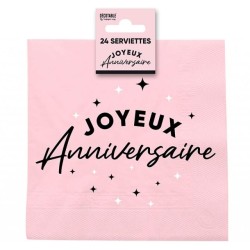 24 Serviettes, Joyeux Anniversaire, 3 plis, 33 x33 cm Rose/Noir