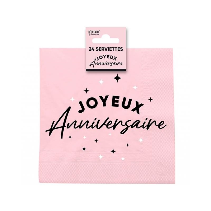 24 Serviettes, Joyeux Anniversaire, 3 plis, 33 x33 cm Rose/Noir
