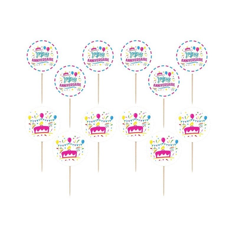 12 Cake toppers JOYEUX ANNIVERSAIRE 10 cm
