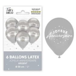 Sachet de  6 ballons métallisés joyeux anniversaire, argent