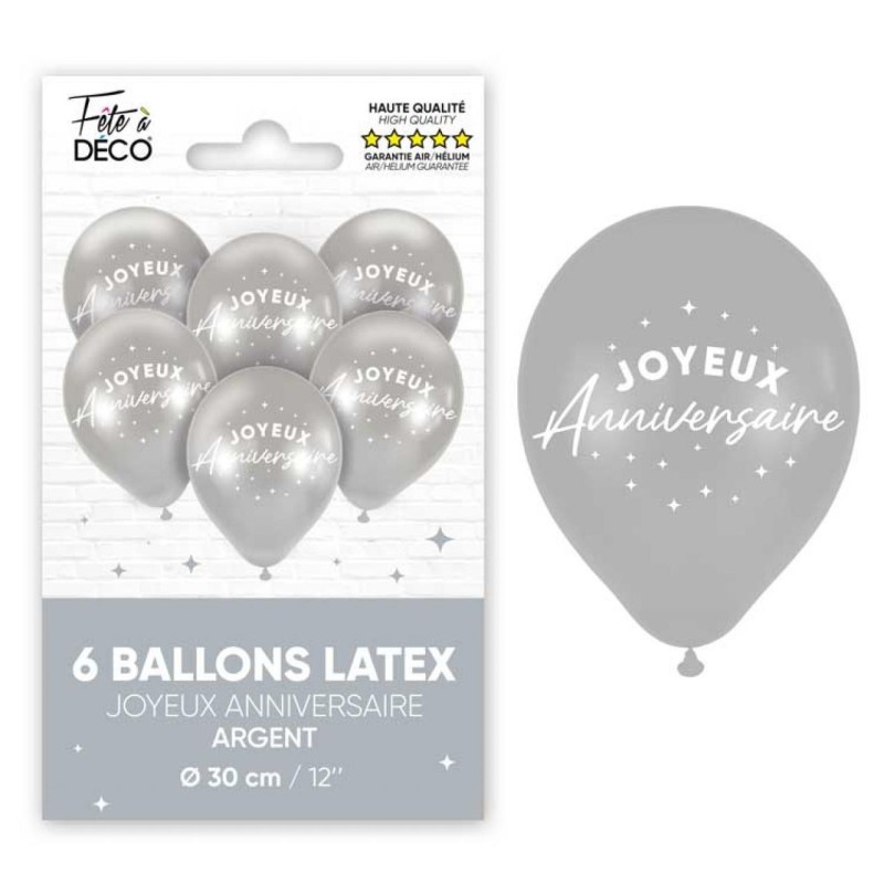 Sachet de  6 ballons métallisés joyeux anniversaire, argent