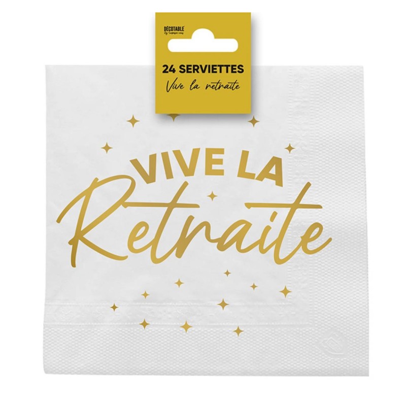 24 Servietten, „Vive la Retraite“ (Es lebe der Ruhestand), 3-lagig, 33 x 33 cm, goldfarben
