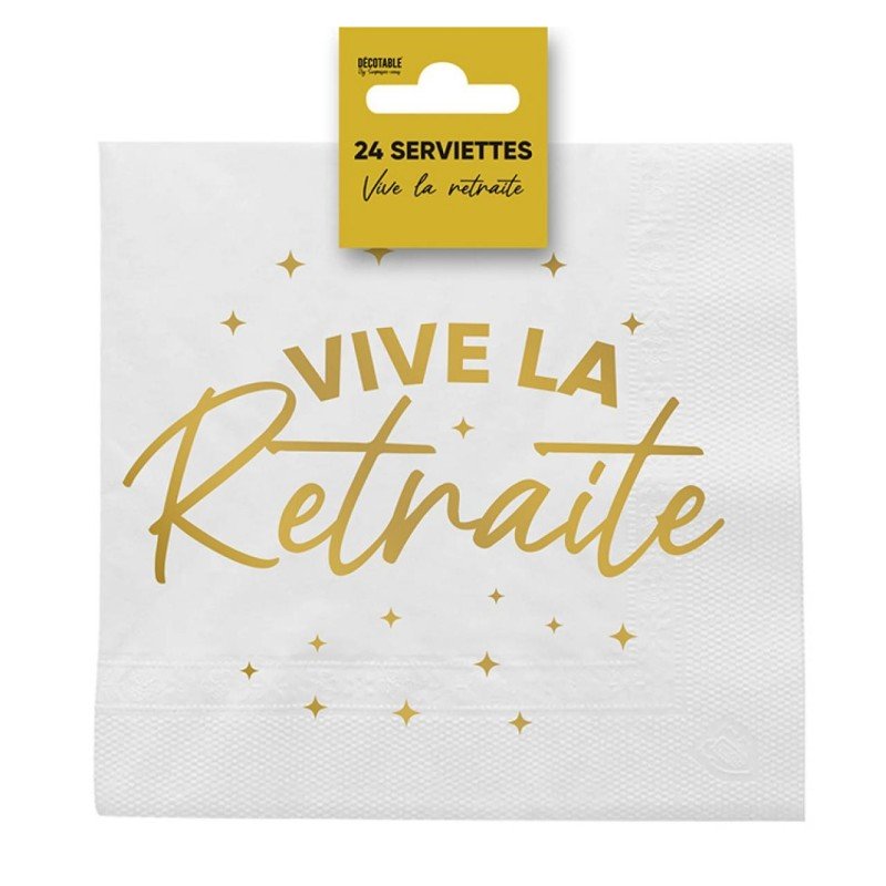 24 Serviettes, "Vive la Retraite" 3 plis, 33 x33 cm or