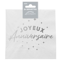 24 Serviettes, Joyeux Anniversaire, 3 plis, 33 x33 cm argent