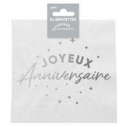 24 Servietten, „Happy Birthday“, 3-lagig, 33 x 33 cm, silber