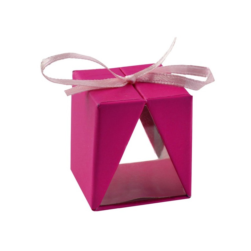 Boîte cadeau, fuchsia, 3,5x3,5x4 cm, carton & pvc, ruban fuchsia Boîte cadeau, fuchsia, 3,5x3,5x4 cm, carton & pvc, ruban fuchsia