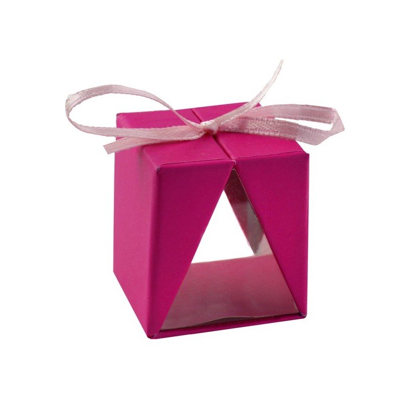 Boîte cadeau, fuchsia, 3,5x3,5x4 cm, carton & pvc, ruban fuchsia