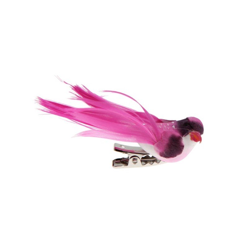 Piccolo uccello su pinza, piume, 6,5 x 1,8 cm, scatola di 4 pezzi, fucsia