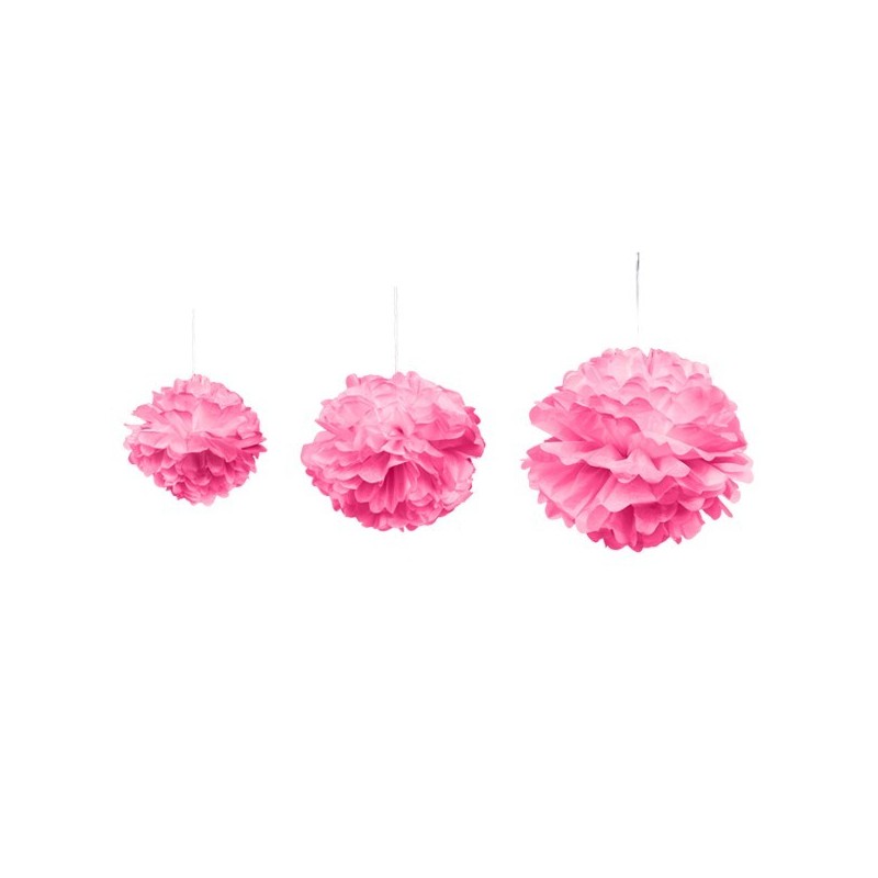 Déco de salle pompom tailles assorties , 3 pièces, fuchsia