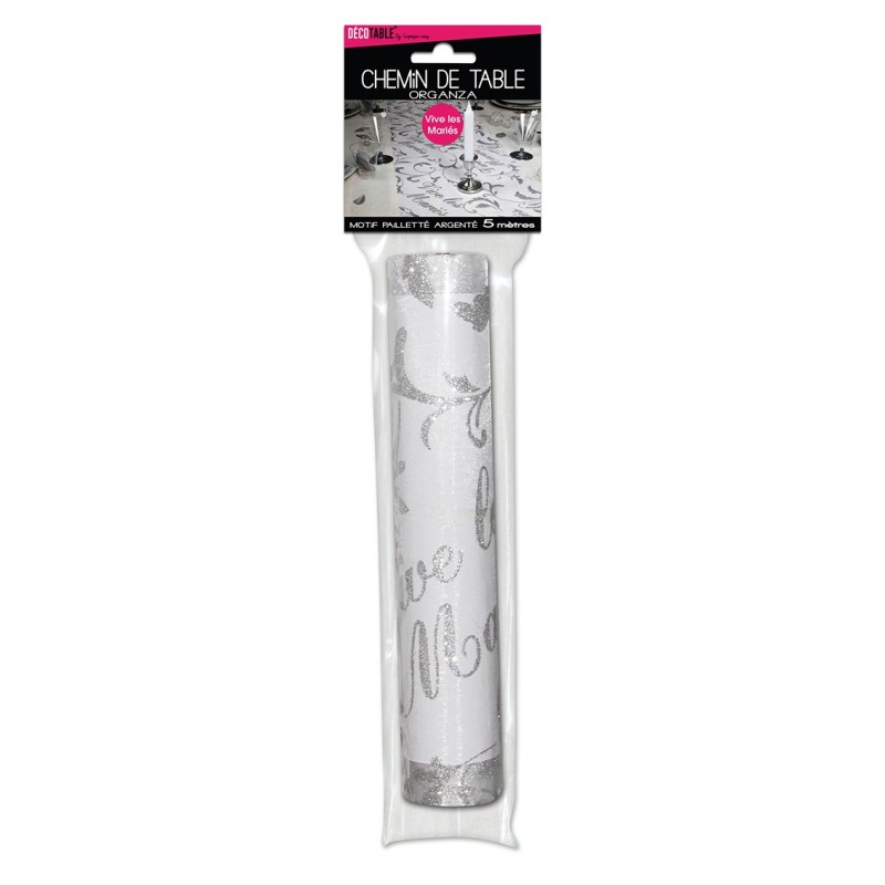 Chemin de table " Vive les mariés" 28 cm x 5 mètres,organsa argenté Chemin de table " Vive les mariés" 28 cm x 5 mètres,organsa argenté
