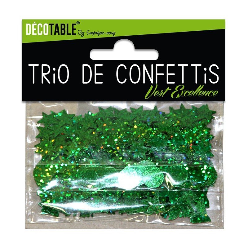 Trio de confettis, ronds, étoiles et coupes, vert excellence