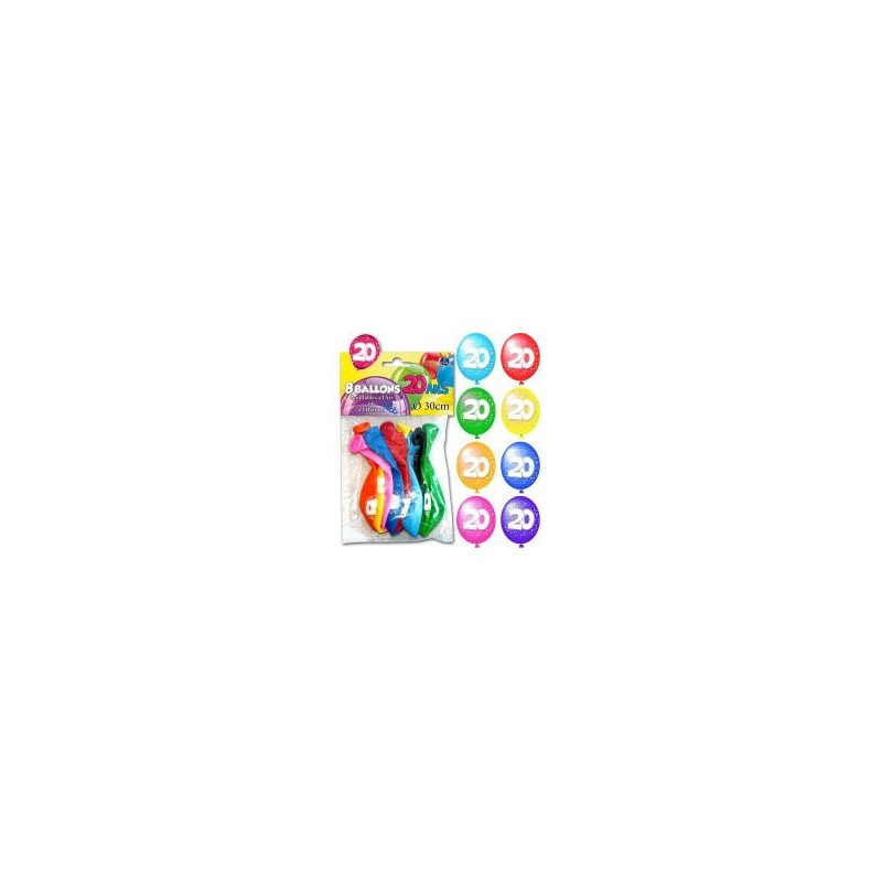 Sachet de 8 ballons 20ans ,Ø30 cm Sachet de 8 ballons 20ans ,Ø30 cm