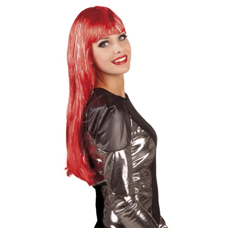 Parrucca glamour capelli lunghi rossi, lamé argento Parrucca glamour capelli lunghi rossi, lamé argento