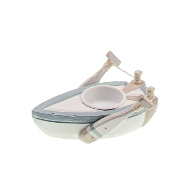 bougeoir barque en bois blanc, bleu ciel, taupe 14x9,5x7cm
