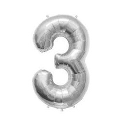 Ballon métal argent, 86cm, chiffre 3
