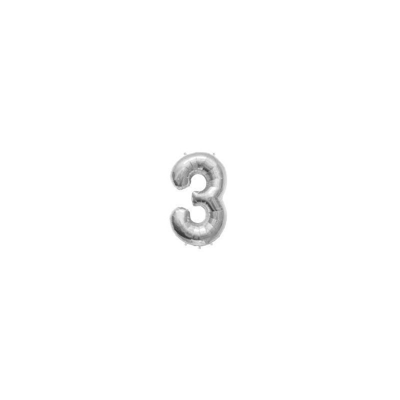 Ballon métal argent, 86cm, chiffre 3 Ballon métal argent, 86cm, chiffre 3