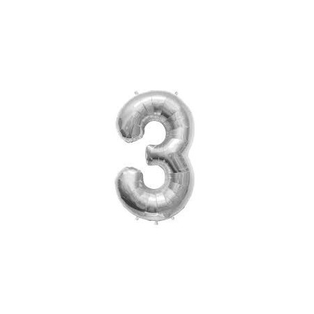 Ballon métal argent, 86cm, chiffre 3