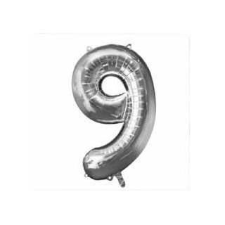 Ballon métal argent, 86cm, chiffre 9