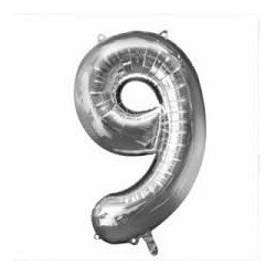 Ballon métal argent, 86cm, chiffre 9