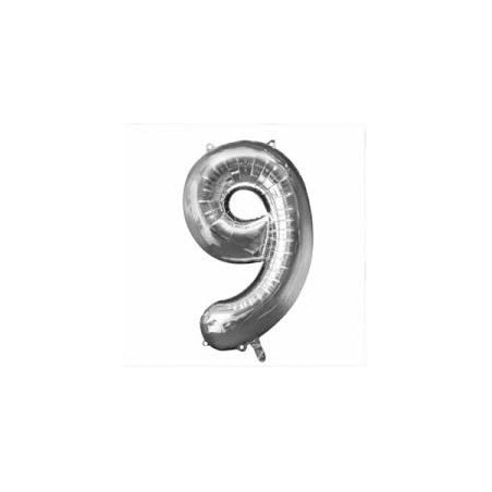 Ballon métal argent, 86cm, chiffre 9
