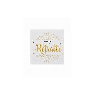 20 Tovaglioli di carta "Vive la retraite" 12,5x12,5 cm, bianchi con scritta metallica dorata.