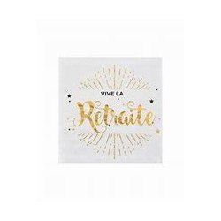 20 Tovaglioli di carta "Vive la retraite" 12,5x12,5 cm, bianchi con scritta metallica dorata.