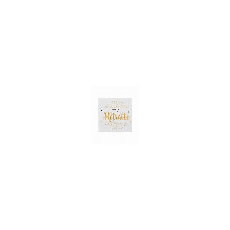 20 Tovaglioli di carta "Vive la retraite" 12,5x12,5 cm, bianchi con scritta metallica dorata. 20 Tovaglioli di carta "Vive la retraite" 12,5x12,5 cm, bianchi con scritta metallica dorata.