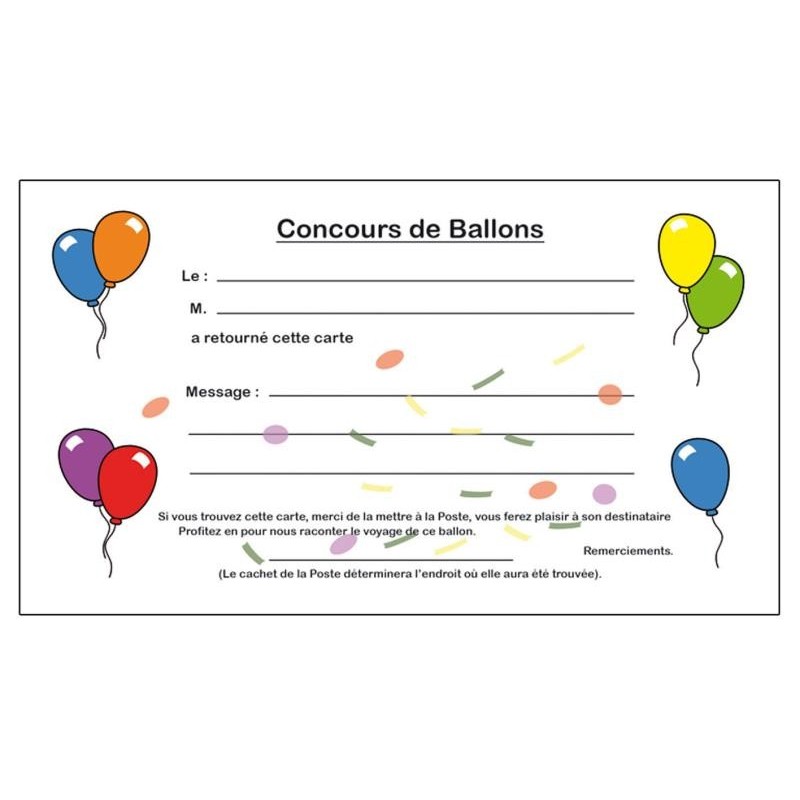 Cartes pour lacher de ballons. 100pces. Cartes pour lacher de ballons. 100pces.
