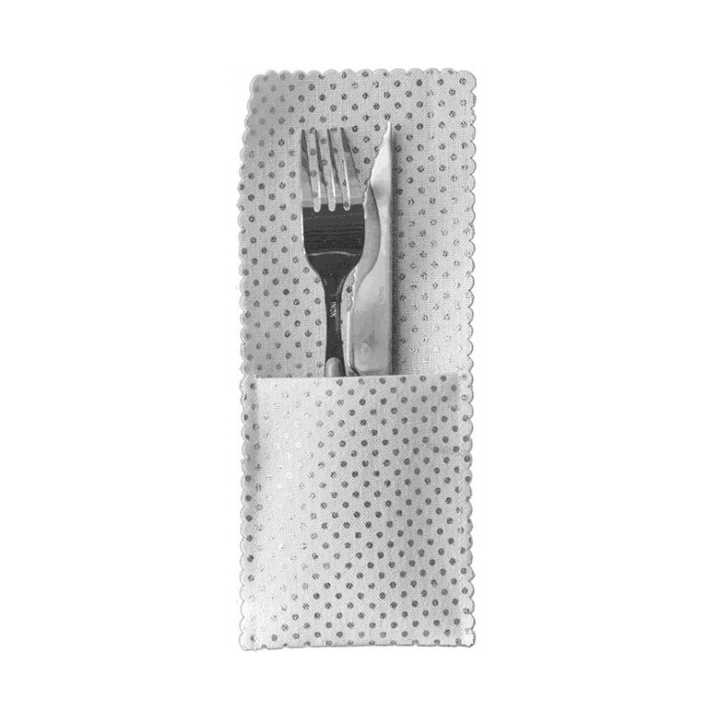 Sachet à couverts, pois métallisé argent, 10x25cm Sachet à couverts, pois métallisé argent, 10x25cm