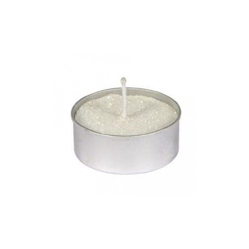 Set de 6 bougies chauffe plat, ø 3.5 cm, blanches pailletées Set de 6 bougies chauffe plat, ø 3.5 cm, blanches pailletées