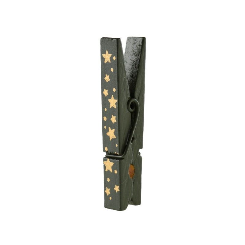 4 Pinces en bois, avec étoiles métallisées, kaki, 5cm 4 Pinces en bois, avec étoiles métallisées, kaki, 5cm