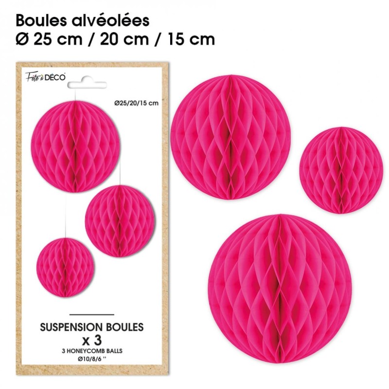 3 Suspensions- boule alvéolée fuchsia 3 Suspensions- boule alvéolée fuchsia