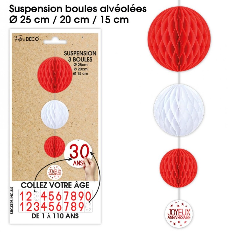 Suspensions 3 boules tous les âges, rouge & blanc Suspensions 3 boules tous les âges, rouge & blanc