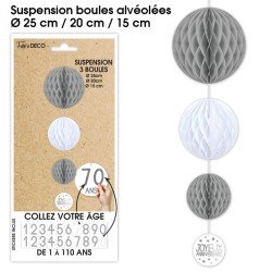 Suspensions 3 boules tous les âges, gris & blanc