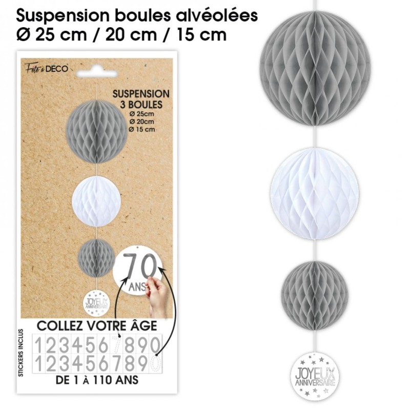 Suspensions 3 boules tous les âges, gris & blanc Suspensions 3 boules tous les âges, gris & blanc