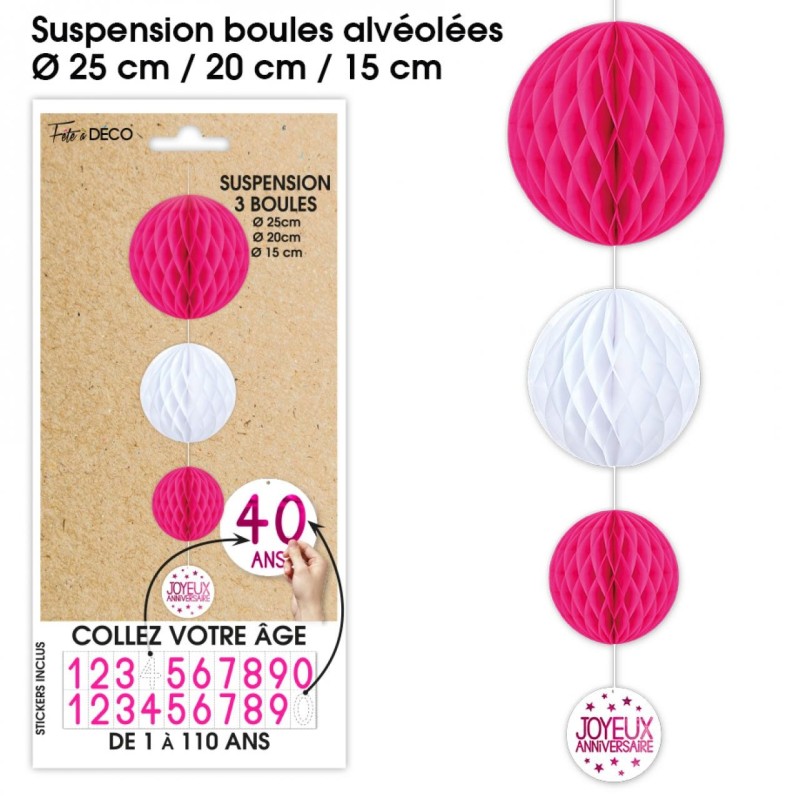 Suspensions 3 boules tous les âges, fuchsia & blanc Suspensions 3 boules tous les âges, fuchsia & blanc