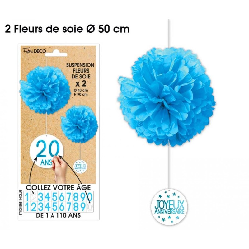 2 Suspensions Fleurs de soie tous âges, bleues