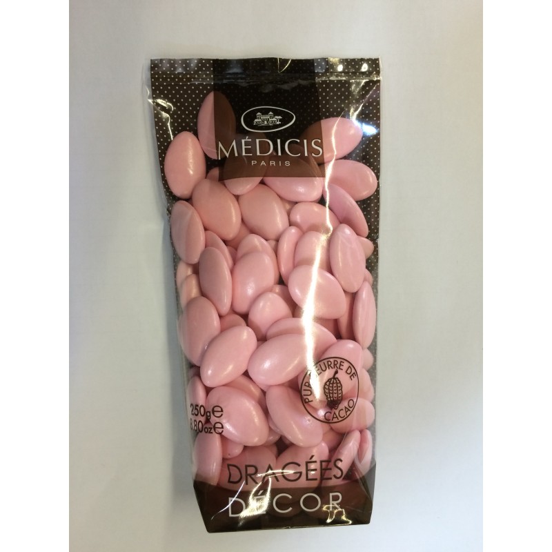 Dragées décor chocolat,70% cacao, laqué rose, 250gr Dragées décor chocolat,70% cacao, laqué rose, 250gr