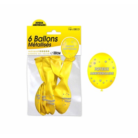 Sachet de  ballons métallisés joyeux anniversaire, jaune