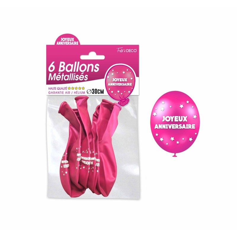 Sachet de  ballons métallisés joyeux anniversaire, fuchsia Sachet de  ballons métallisés joyeux anniversaire, fuchsia