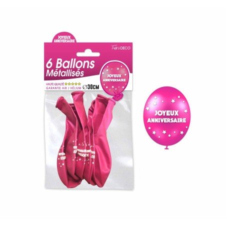Sachet de  ballons métallisés joyeux anniversaire, fuchsia