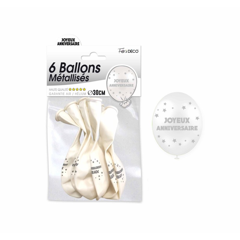 Sachet de  ballons métallisés joyeux anniversaire, blanc Sachet de  ballons métallisés joyeux anniversaire, blanc