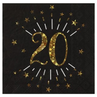 10 Papierservietten "Age Sparkling Metal", 20 Jahre, Schwarzgold. 16,5 x 16,5 cm