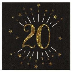10 Papierservietten "Age Sparkling Metal", 20 Jahre, Schwarzgold. 16,5 x 16,5 cm