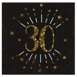 10 Papierservietten "Age Sparkling Metal", 30 Jahre, Schwarzgold. 16,5 x 16,5 cm