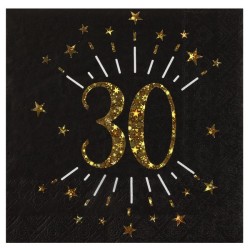 10 Serviettes Âge étincelant métal, 30 ans, noir or. 16,5 X 16,5cm